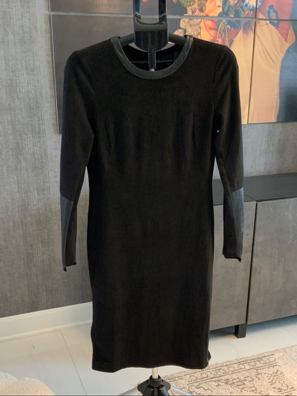 RUDSAK Black Long-Sleeve Sheath Dress with Leather Trim M
